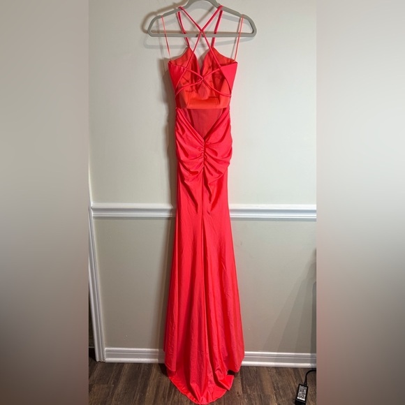 La Femme 29020 Plunging V-neck Ruched Prom Sheath Dress Neon Coral 0 - Picture 6 of 14